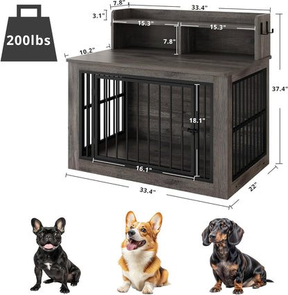 IRONCK Dog Crate Furniture, 33.4 inches Wooden Small Dog Crate with Storage and 4 Hooks, Heavy Duty