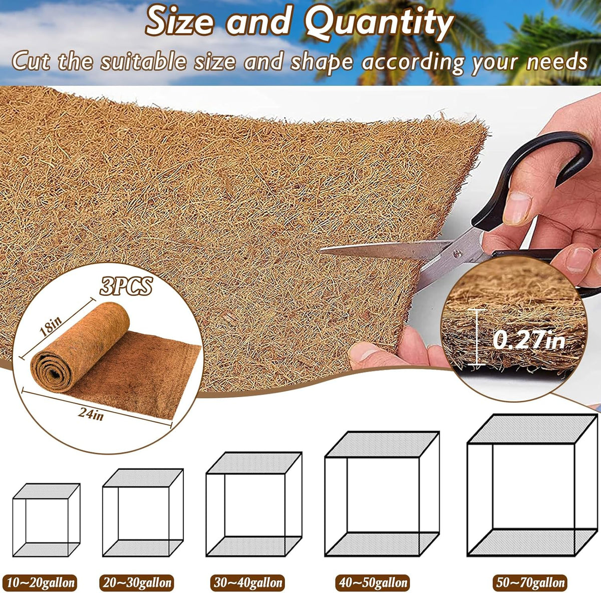 ZeeDix 3 Rolls Coconut Fiber Reptile Substrate Mat, 18 x 24 inches Natural Coco Mat Reptile Carpet