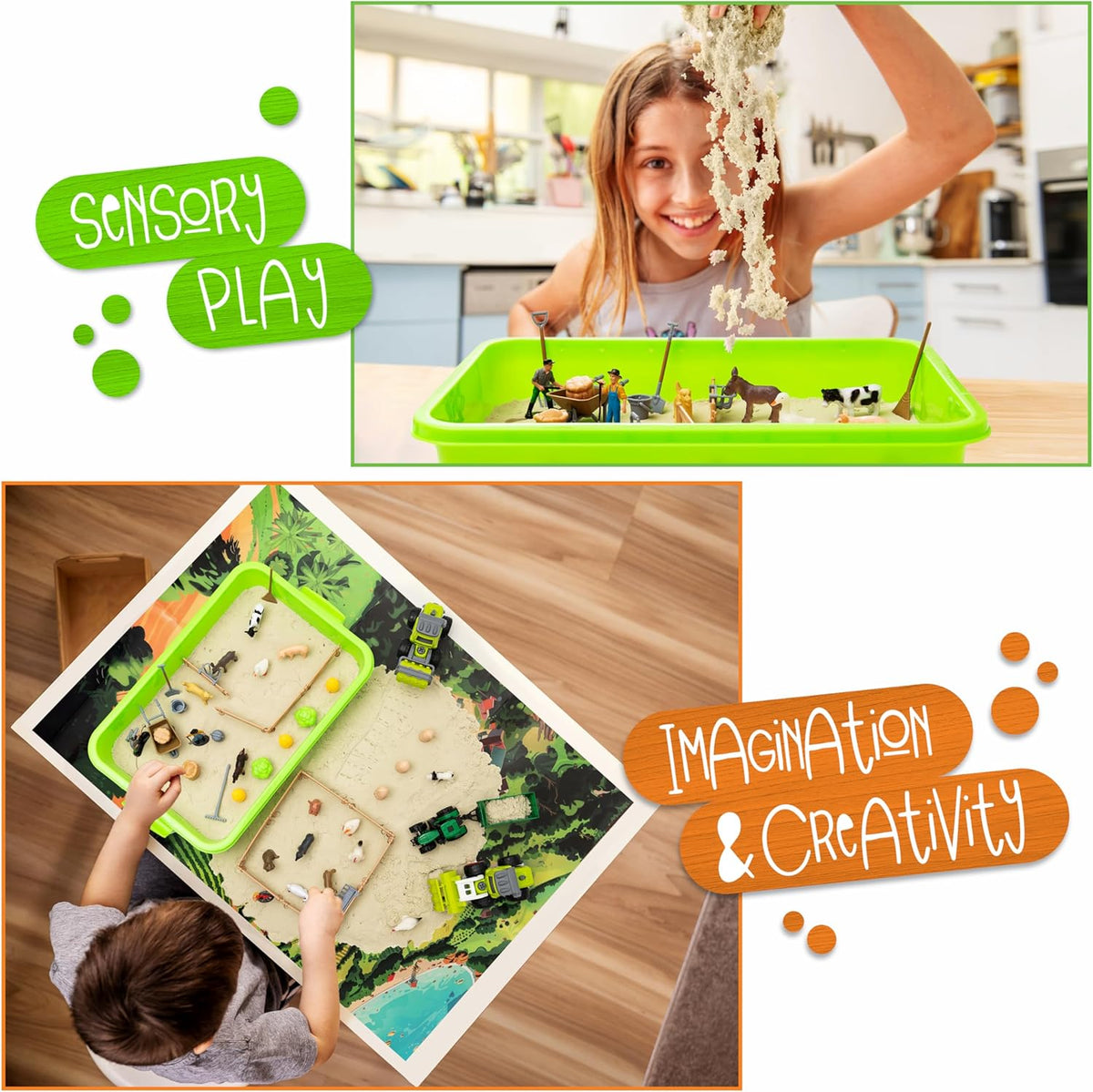 59 PCS Farm Sensory Bin Sandbox with Lid, 2.2 LB Sensory Sand, 40 Toddler Farm Toys, 3 Take Apart