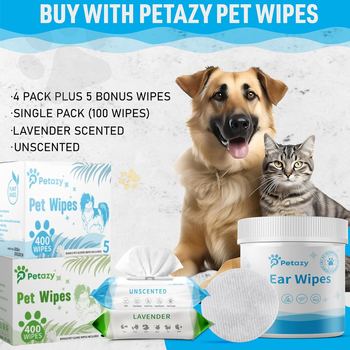 Dog Ear Wipes for Dog Yeast Wax Itch and Odor | Unscented Dog Ear Cleaner for Dogs | Natural