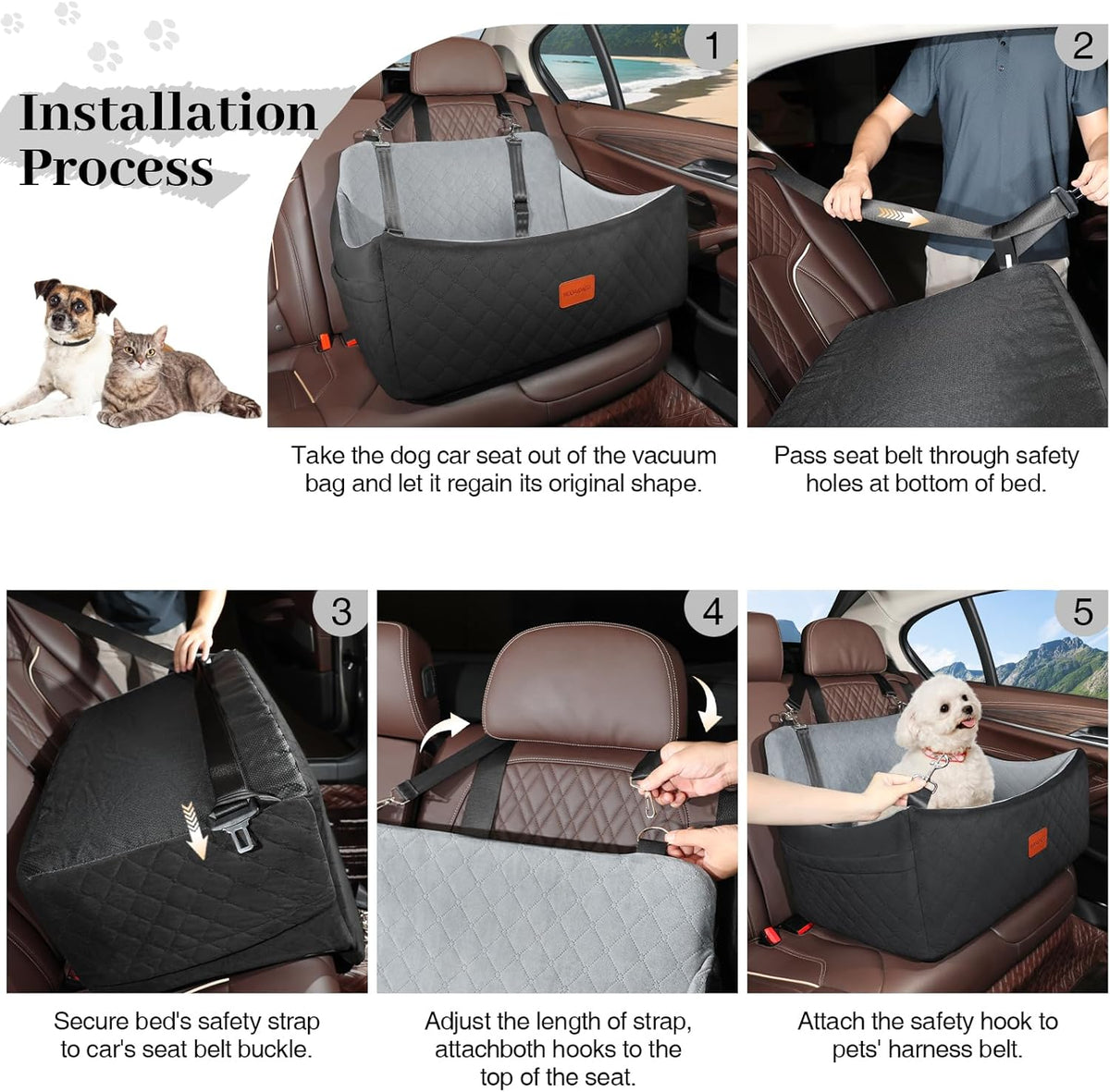 Dog Car Seat for Medium & Large Dogs Up to 55lbs, Memory Foam Cushion, Washable Cover, Safety