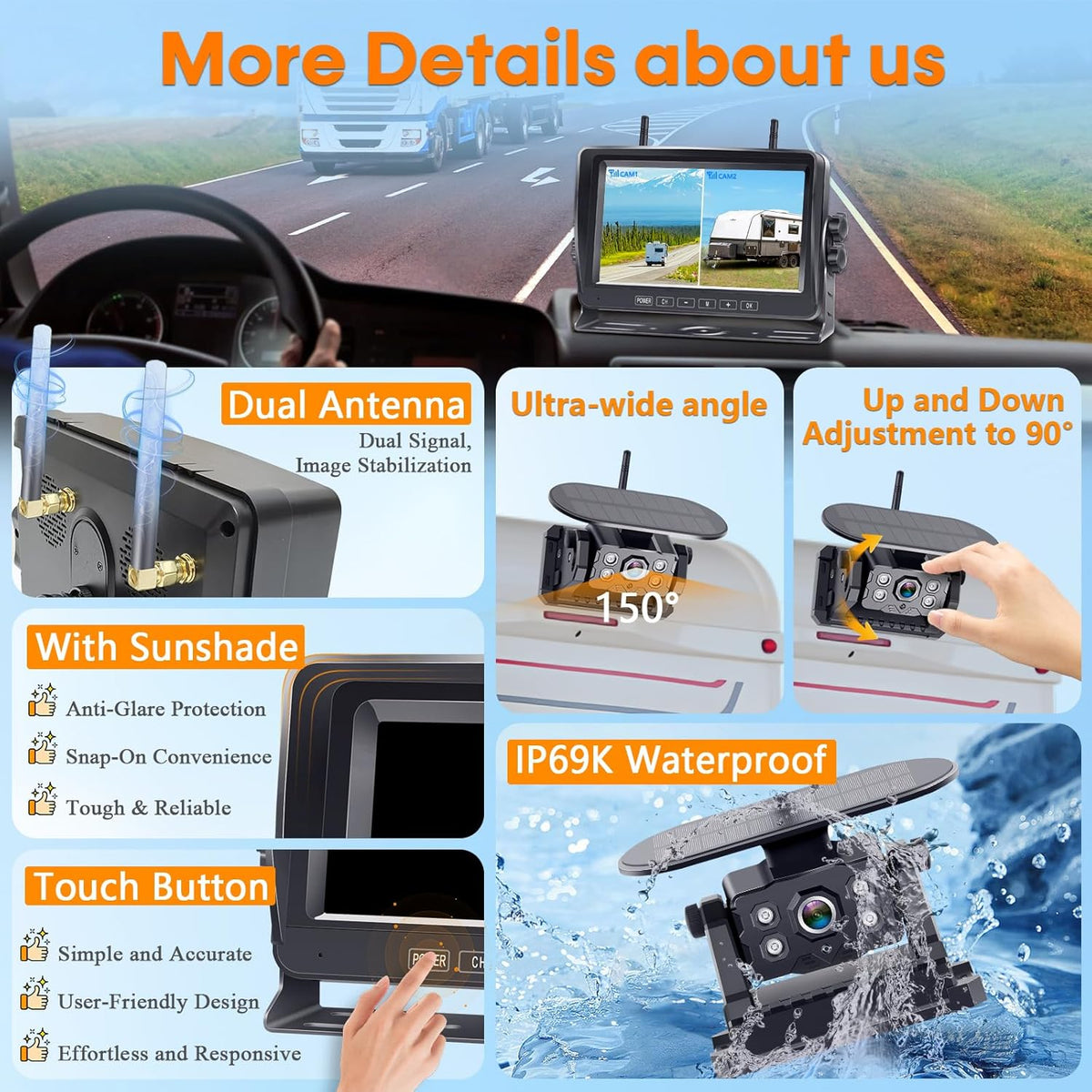 Dual RV Backup Camera Wireless with Magnetic - Recording 1080P HD Solar Rear View Camera