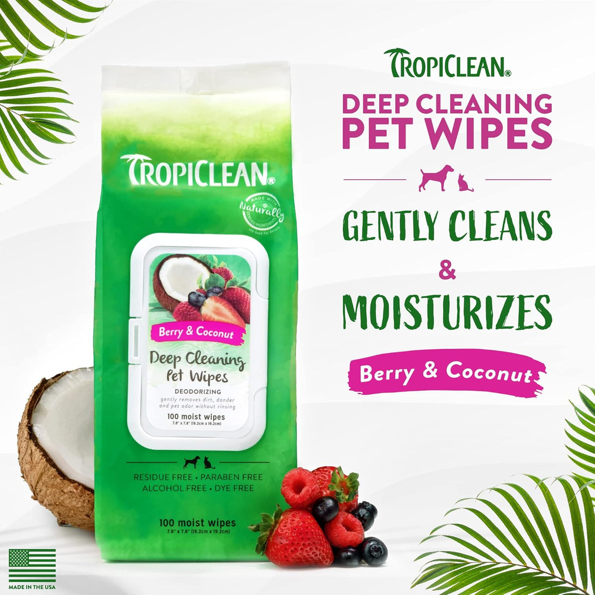 TropiClean Deep Cleaning Pet Wipes, 100ct - Wipes for Dogs & Cats - Gently Removes Dirt, Dander &