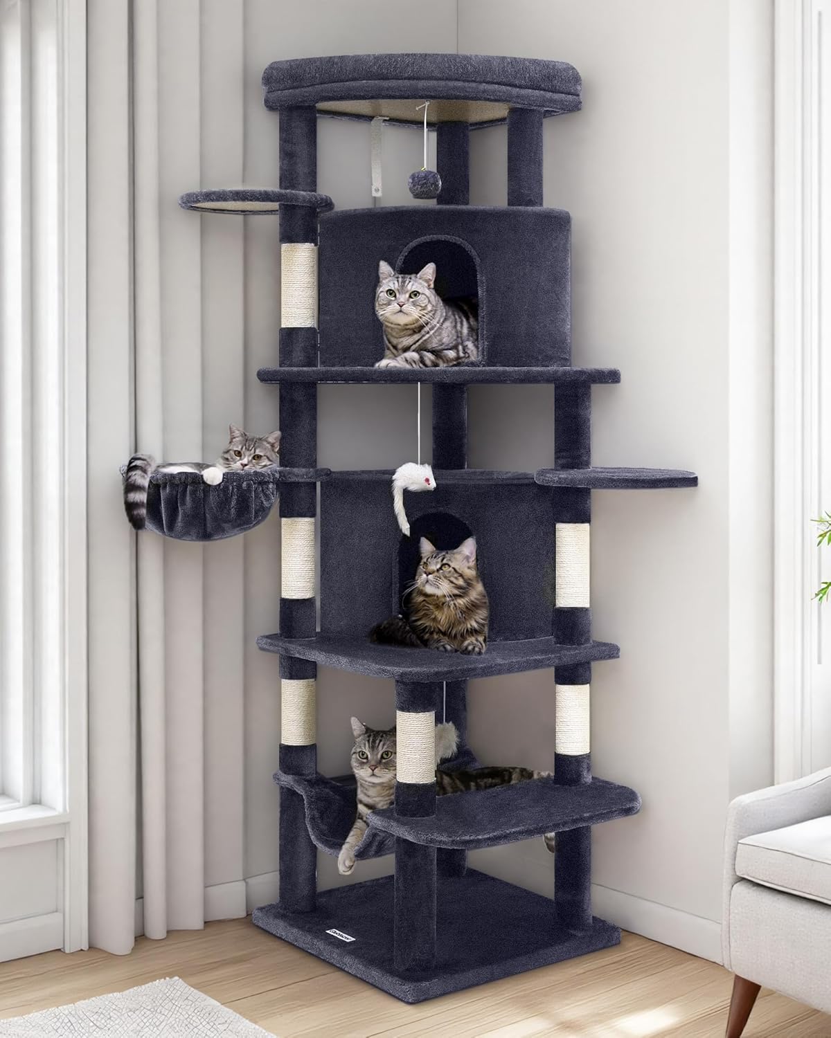 Globlazer Corner Cat Tree for Large Cats, 66inch Tall Curved Series Large Cat Tower for Multiple