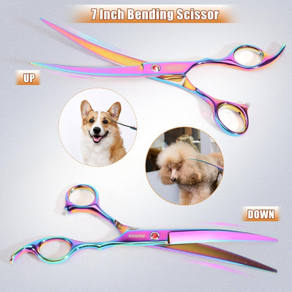 7.0in Titanium Professional Pet Grooming Scissors Set, GEMEK 6 in 1 Straight & Thinning & Upwards