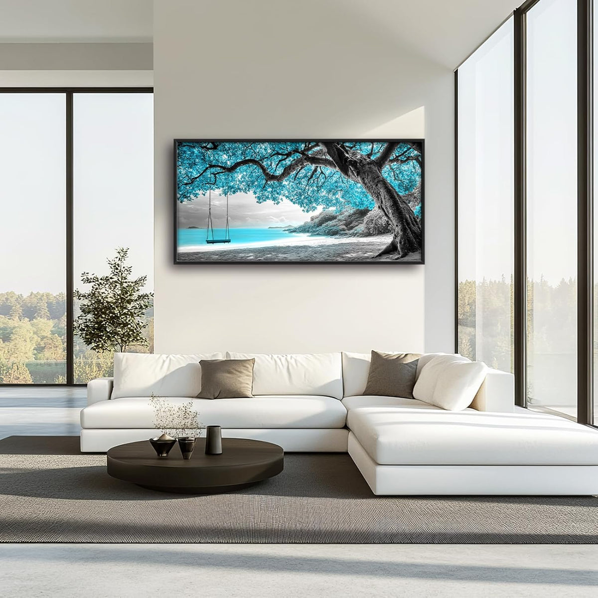 Extra Large Framed Abstract Tree Wall Art,Black and White Tree of Life Wall Decor,Blue Teal Sea