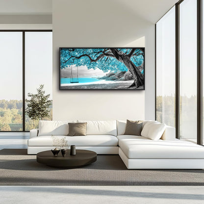 Extra Large Framed Abstract Tree Wall Art,Black and White Tree of Life Wall Decor,Blue Teal Sea