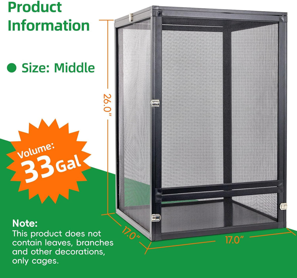 33 Gal Detachable and Foldable Reptile Butterfly Cage Terrarium, 360° Observation, Airflow
