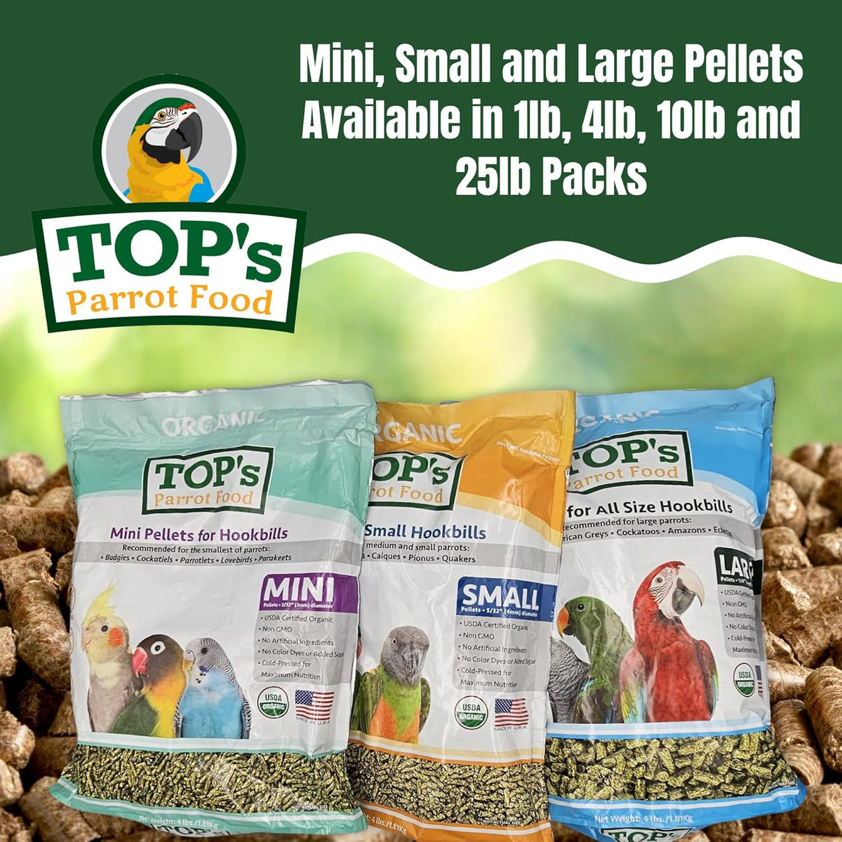 TOP's Parrot Food Mini Pellets Bird Food for Budgies, Cockatiels, Parrotlets, Lovebirds, Parakeets