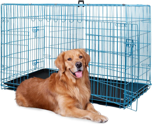 BestPet | Dog Crate | 48" | Blue | Foldable Metal Kennel with Double Doors, Secure Slide-Bolt