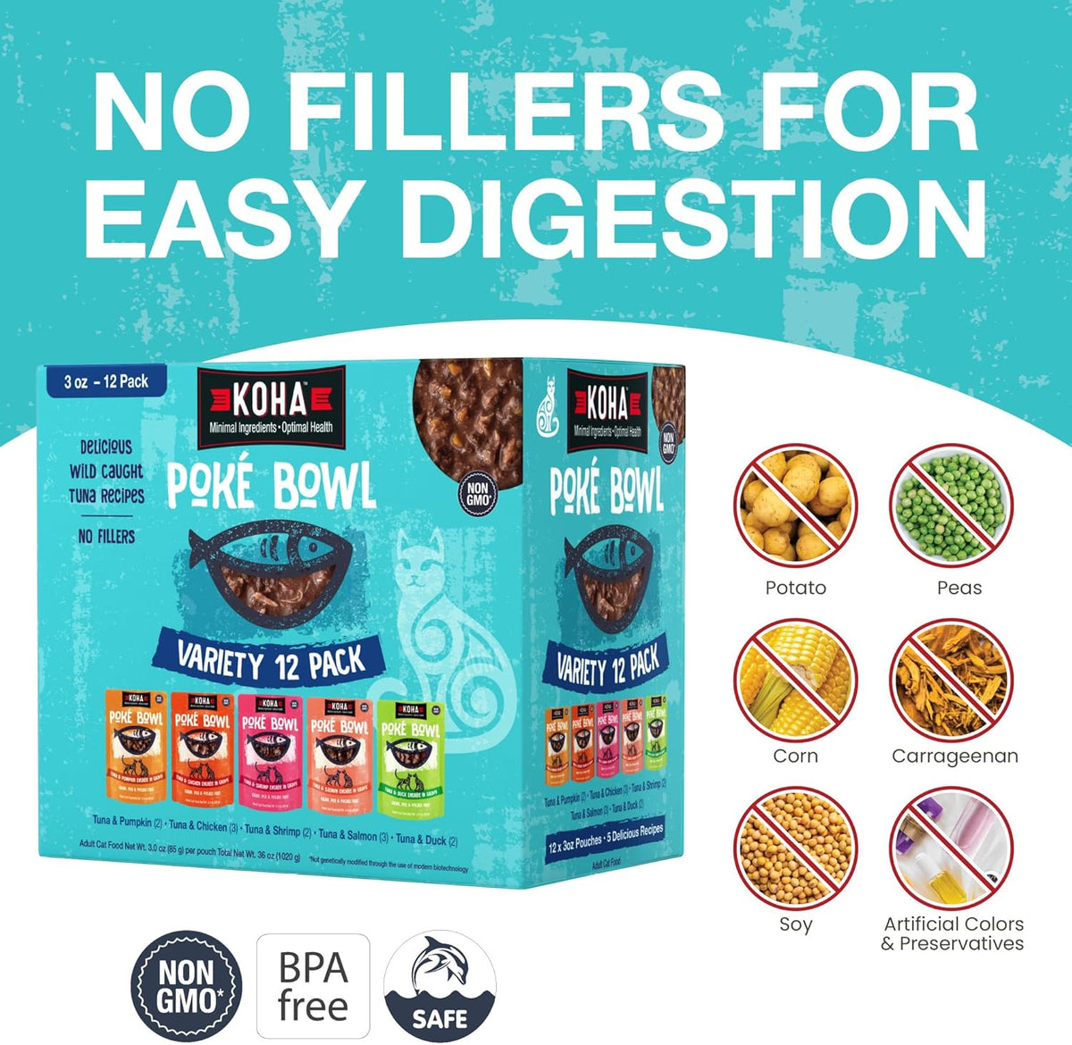 KOHA Poké Bowl Cat Variety Pack, Wet Cat Food in Gravy - 7 Flavors - Tuna Combinations of Salmon