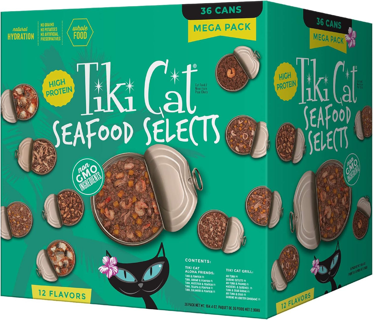 Tiki Cat Seafood Selects, Ultimate Variety Pack, 36 High Protein Servings with Real Flaked Fish