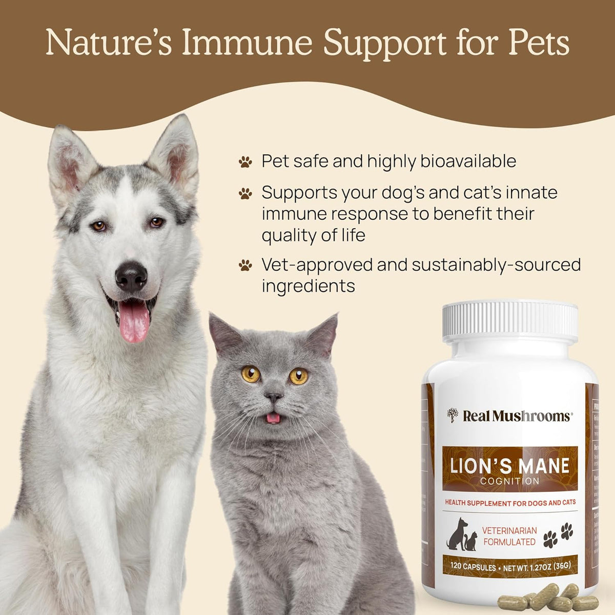 Real Mushrooms Lion’s Mane Pet Mushroom Supplement – Pet Wellbeing Capsules – for Cat & Dog