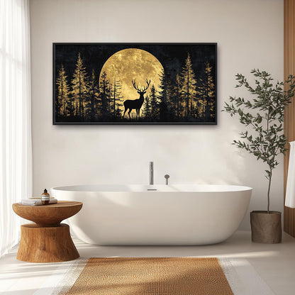 Large Moon Deer Forest Wall Art for Living Room, Black Gold Canvas Oversized Wall Decor, Elk Animal