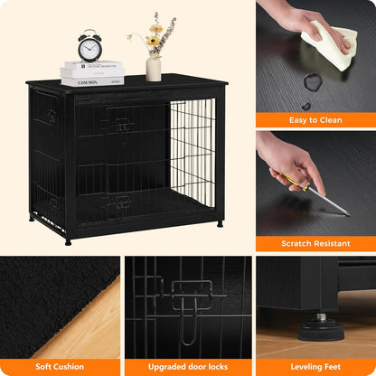 DWANTON Dog Crate Furniture with Cushion, Wooden Kennel Table with Double Doors, Indoor Dog House