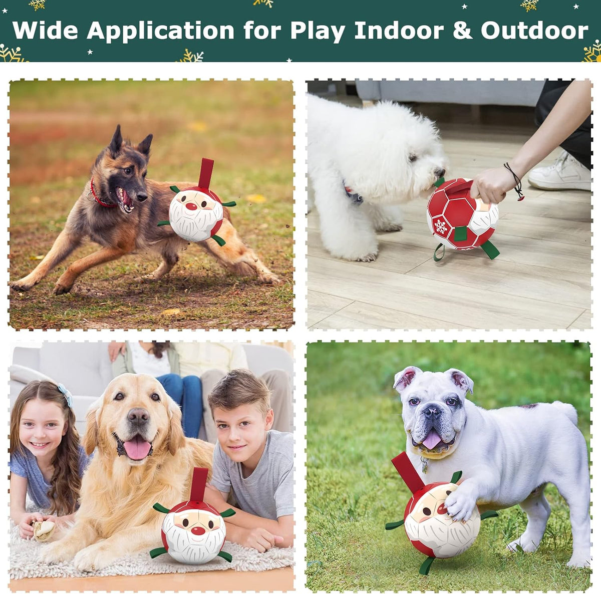 QDAN Christmas Dog Balls with Straps, Soccer Ball for Dogs for Small Medium Breed, Tug Toys for Dog