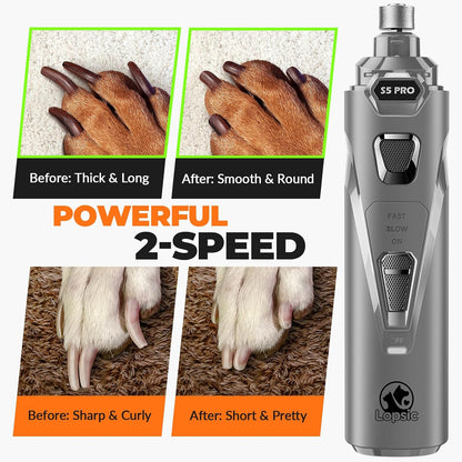 Dog Nail Grinder with 2 LED Lights Powerful 2 Speeds Super Quiet Dog Nail Trimmers with 3 Grinding