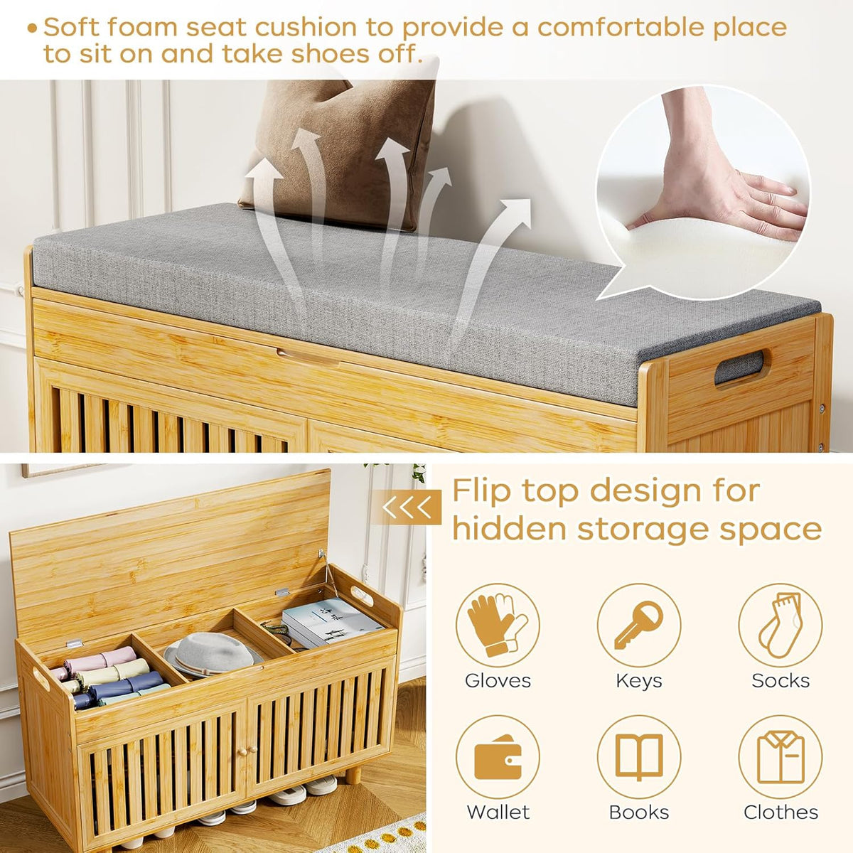 Coat Rack Shoe Bench Set, Bamboo Shoe Storage Bench with Seat Cushion & 5 Hooks, Hall Tree Entryway