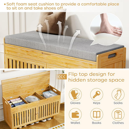 Coat Rack Shoe Bench Set, Bamboo Shoe Storage Bench with Seat Cushion & 5 Hooks, Hall Tree Entryway