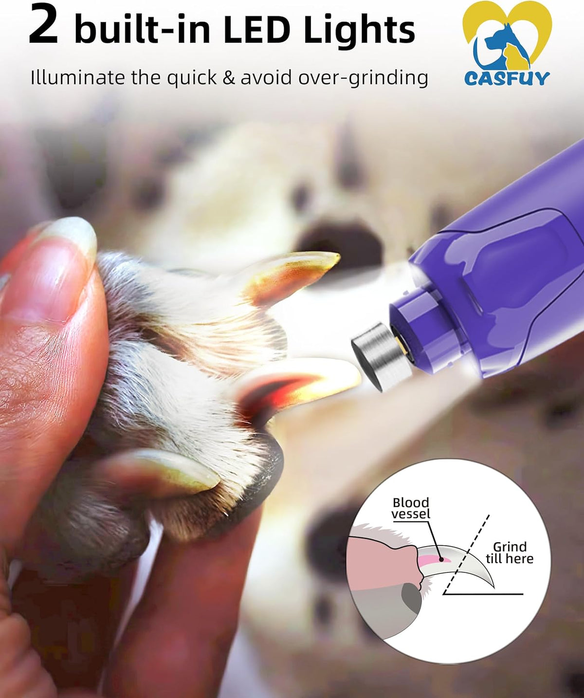 Casfuy Dog Nail Grinder Quiet - (45db) 6-Speed Pet Nail Grinder with 2 LED Lights for Large Medium
