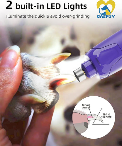 Casfuy Dog Nail Grinder Quiet - (45db) 6-Speed Pet Nail Grinder with 2 LED Lights for Large Medium