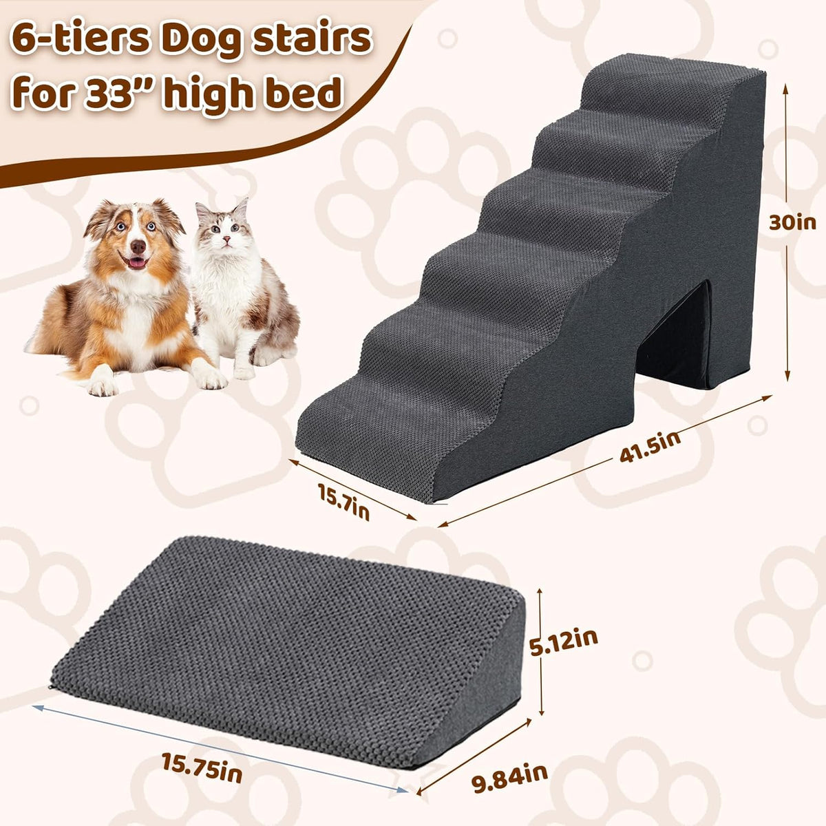 Dog Stairs & Steps Ramps for High Beds 30 inches High Tall, LitaiL 6 Step Pet Stairs Steps for
