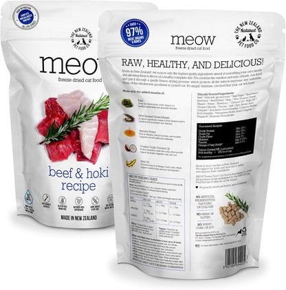 Meow Beef & Hoki Freeze Dried Raw Cat Food, Mixer, or Topper, or Treat - High Protein, Natural
