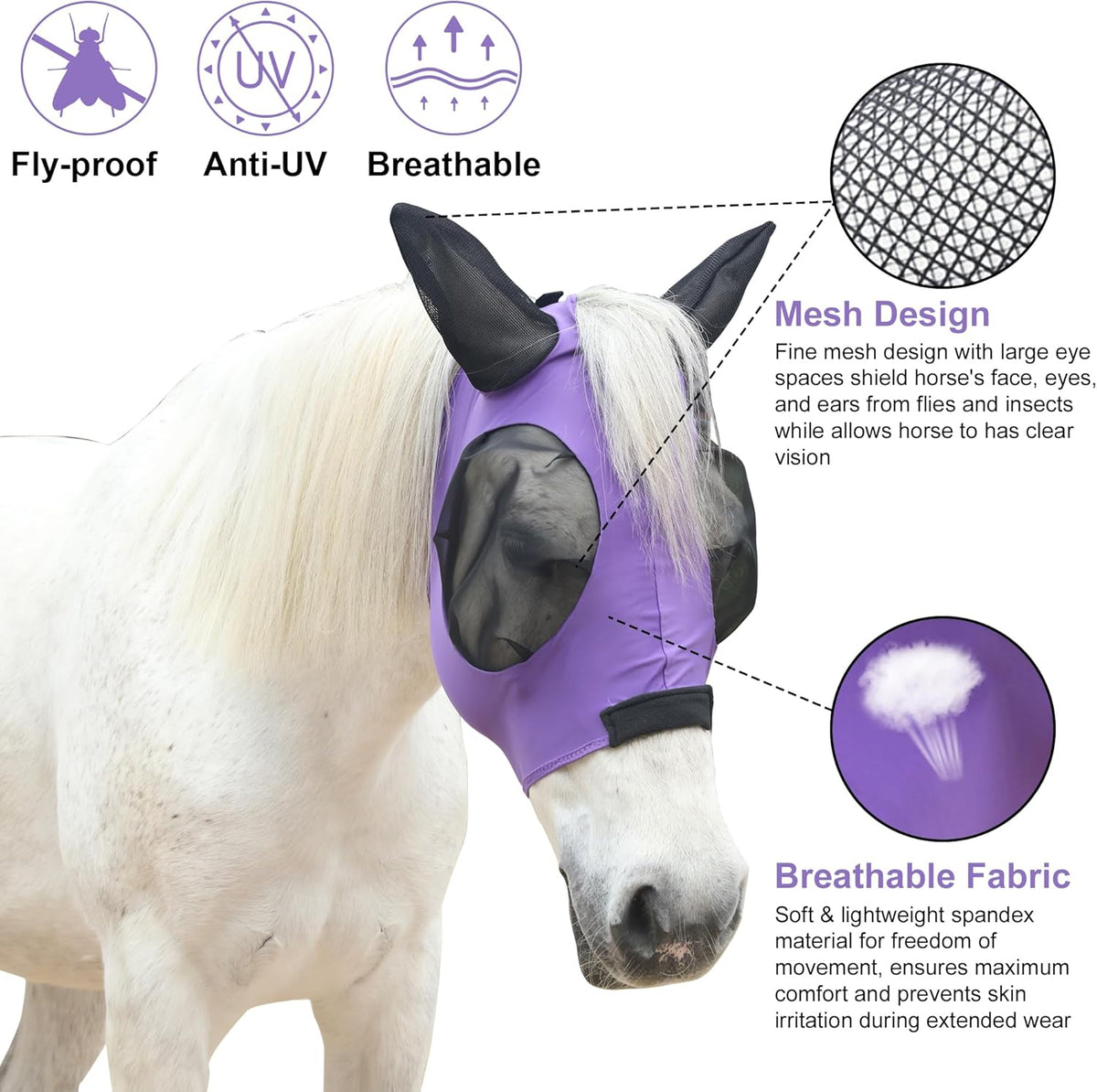 Stretchy Horse Fly Mask for Horses, Soft Lycra Equine Mesh Mask, Elasticity Horse Face Covering