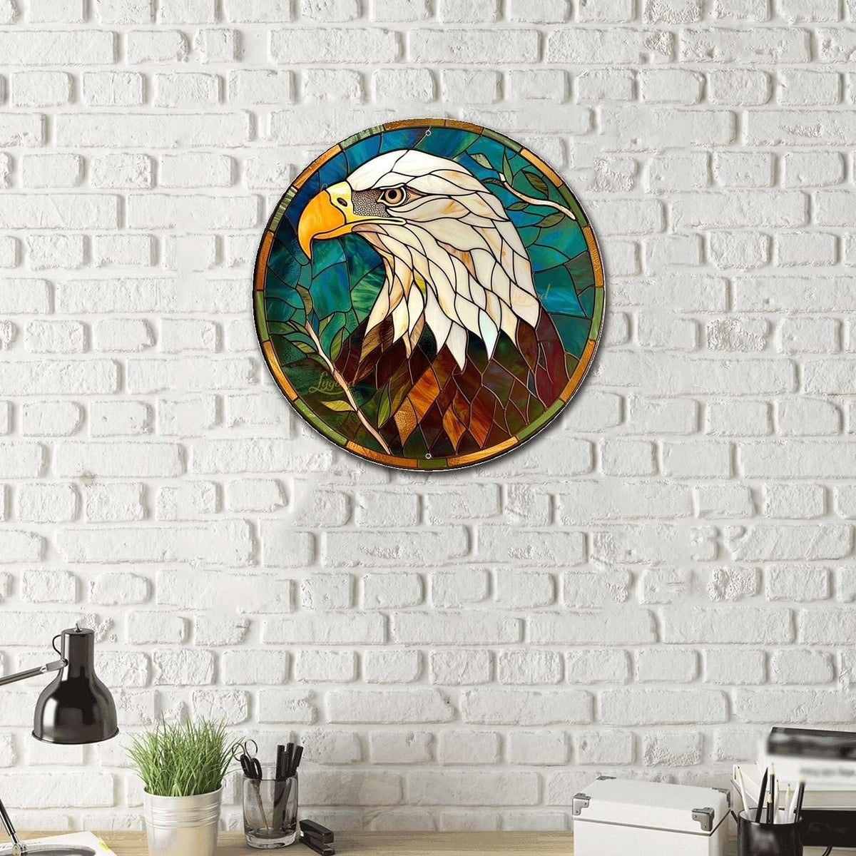 Lygond Metal Sign Tin Sign Circular Stained Glass Bald Eagle Boho Decorations for Home for Bar 8×8