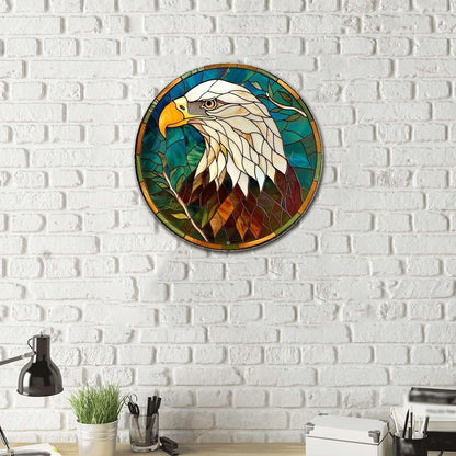 Lygond Metal Sign Tin Sign Circular Stained Glass Bald Eagle Boho Decorations for Home for Bar 8×8