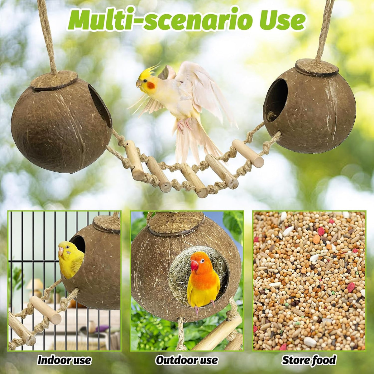 kathson 5Pcs Bird Coconut House with Ladder Parakeet Coconut Nest for Cages Parrot Hut Hanging