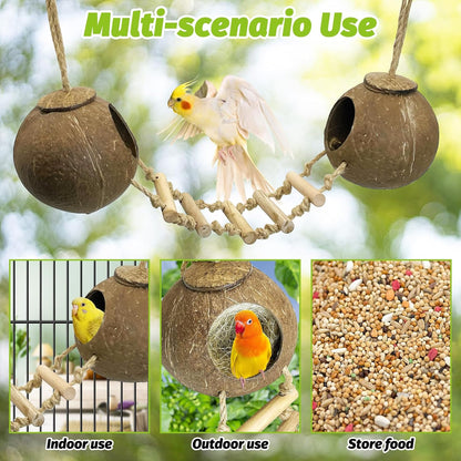 kathson 5Pcs Bird Coconut House with Ladder Parakeet Coconut Nest for Cages Parrot Hut Hanging