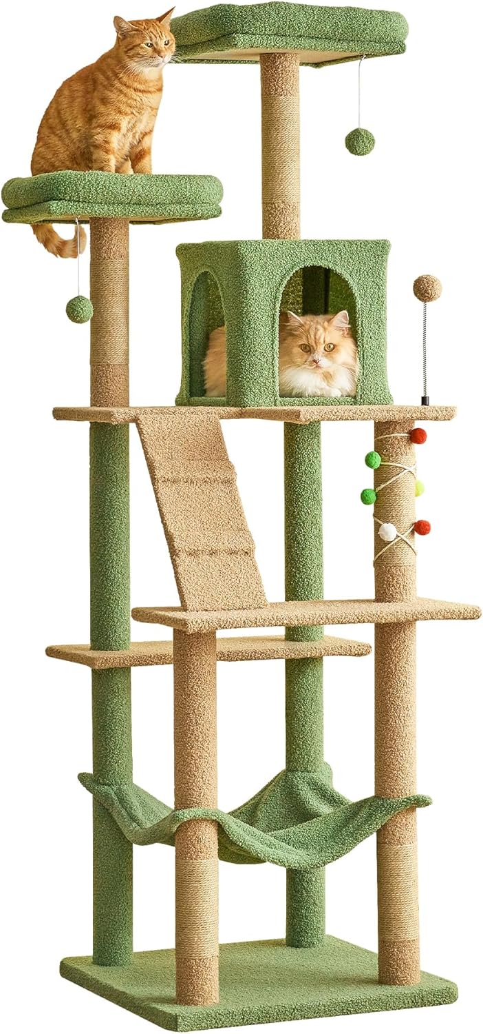 MWPO 70.1-Inch Green Large Cat Tree, Multi-Level Tall Cat Tower for Indoor Cats, Plush Cat Condo