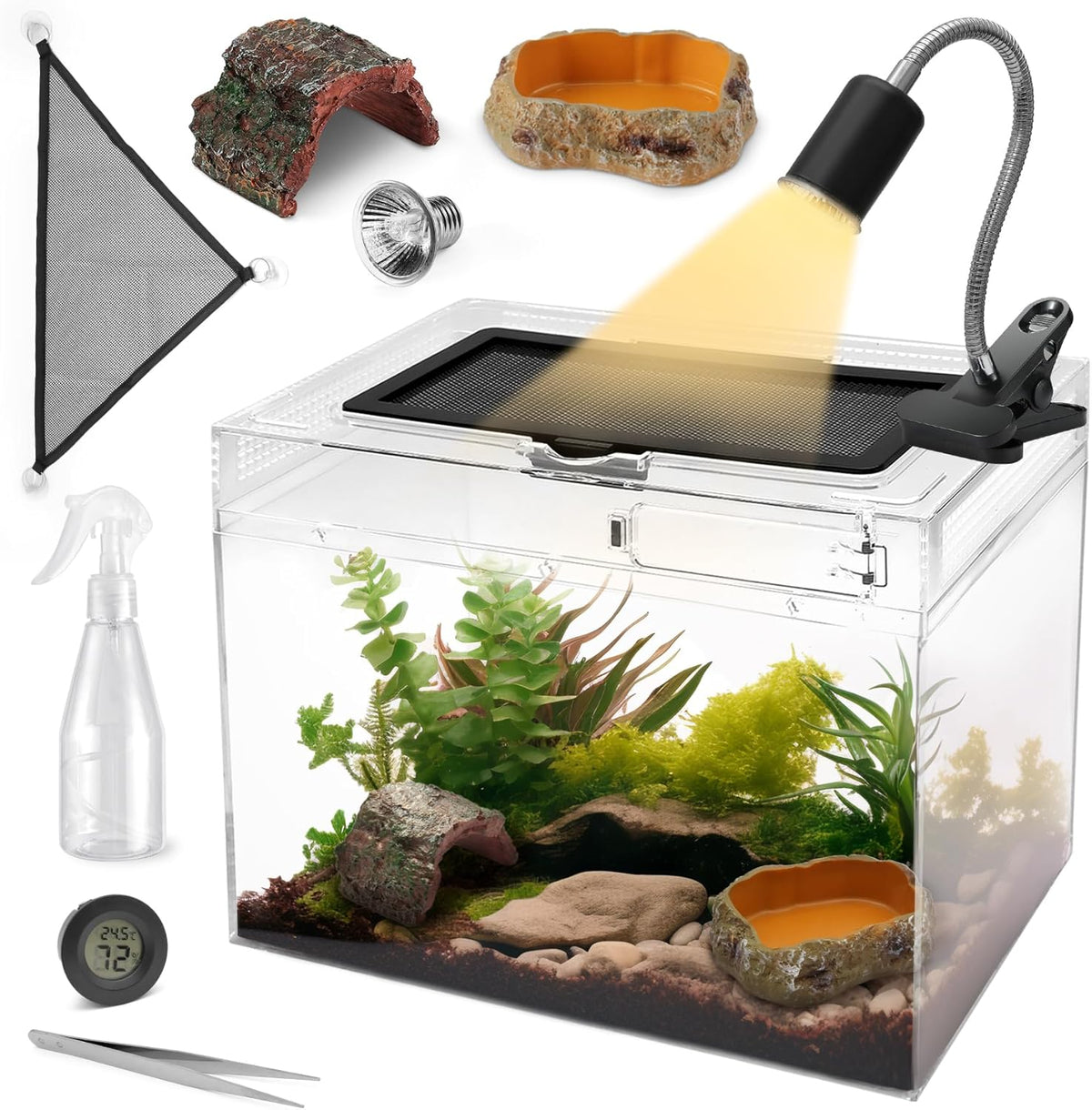 AZV Habitat Terrarium Enclosure,Small Reptile Tank with Bearded Dragon Hammock,Heat Lamp,Hide Cave