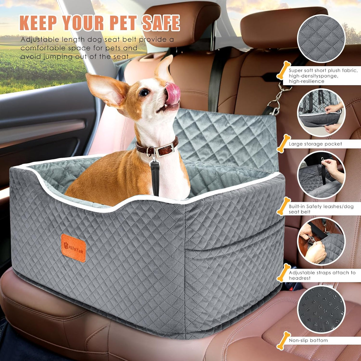 Memory Foam Booster Dog Car Seat for Medium Dogs Under 45 LBS, Elevated Pet Car Seat with