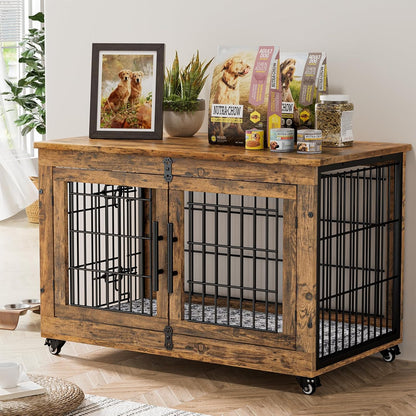 Lulive Dog Crate Furniture, Dog Kennel Indoor Double Doors Wooden Dog Cage, 38'' Heavy Duty Dog