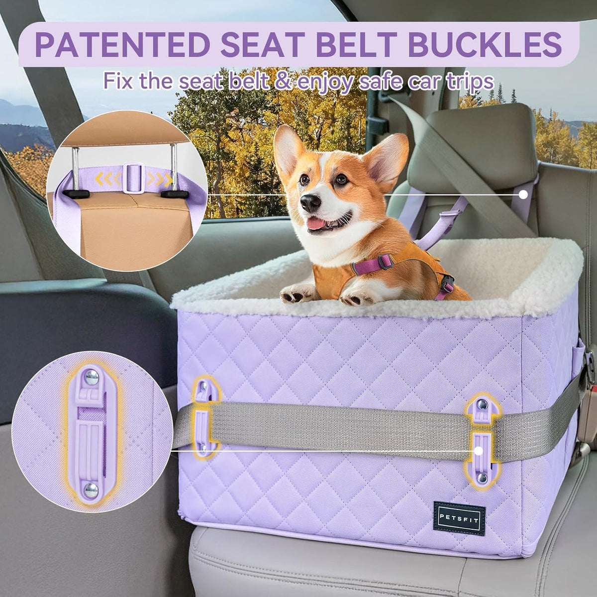 PETSFIT Dog Booster Car Seat, Soft Foam Cat Car Seat with Patented Safety Buckles, Storage Pockets