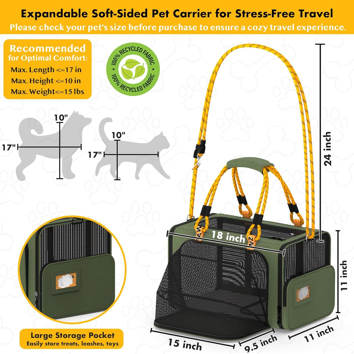 PAWZIDEA Expandable Soft-Sided Pet Carrier 18″×11″×11″, TSA Airline Approved Travel Bag for Small