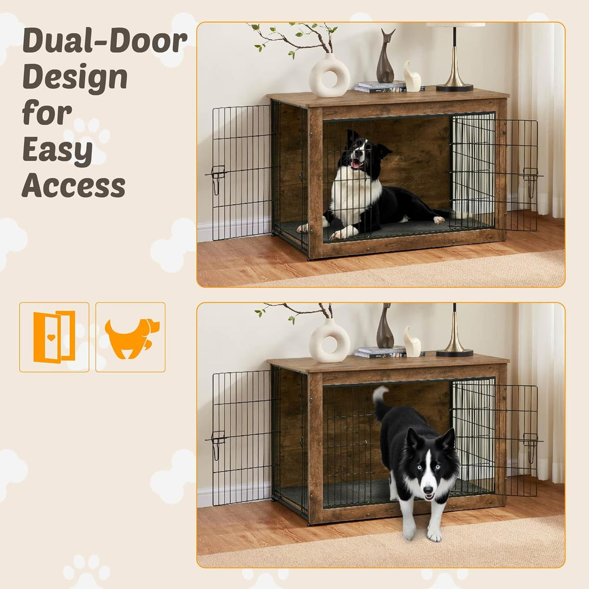 Dog Kennel Furniture, Wooden Dog Crate End Table with Dual Doors, Chew-Proof Design & Cushion