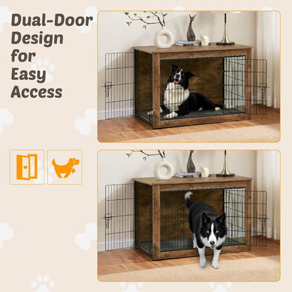 Dog Kennel Furniture, Wooden Dog Crate End Table with Dual Doors, Chew-Proof Design & Cushion
