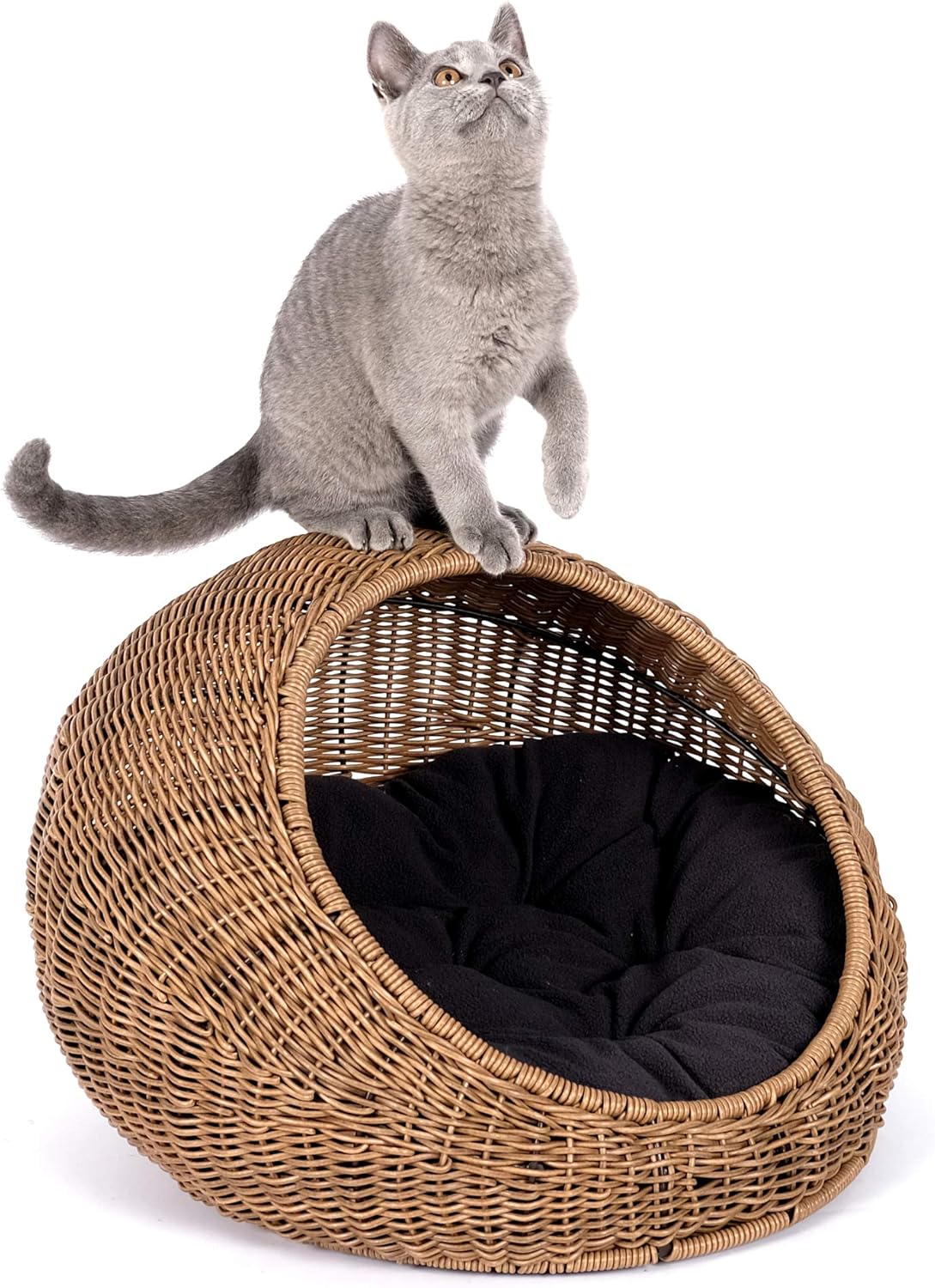D+GARDEN Wicker Cat Bed Dome for Medium Indoor Cats - a Covered Cat Hideaway Hut of Faux Rattan