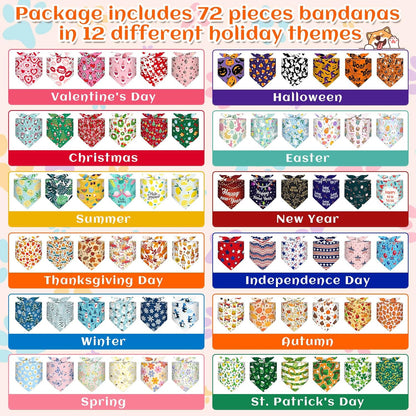 Reginary 72 Packs Holiday Dogs Bandanas Bulk Patriotic Halloween Thanksgiving Christmas New Year