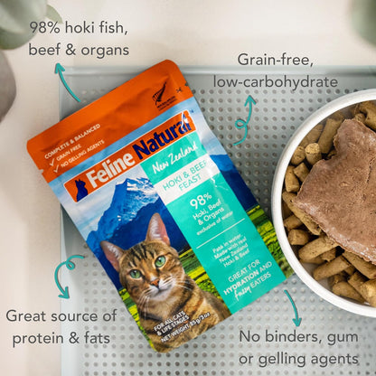 Feline Natural Wet Cat Food Pouch - Hoki & Beef Feast, Grain-Free, Grass-Fed & Sustainably Sourced