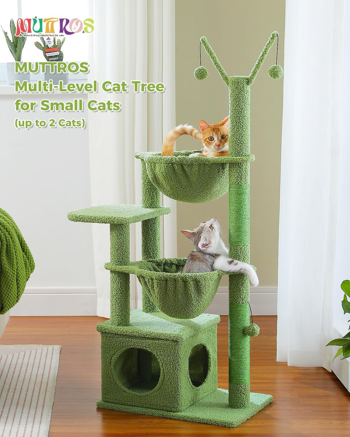 Cactus Cat Tree, 47.6" Cat Tower with 2 Metal Frame Hammock, Cat Scratching Post for Indoor Cats