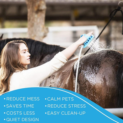 Aquapaw 5-in-1 Horse & Dog Bath Brush & Curry Comb - XL Blue Silicone - Includes 3-ft Shower Hose