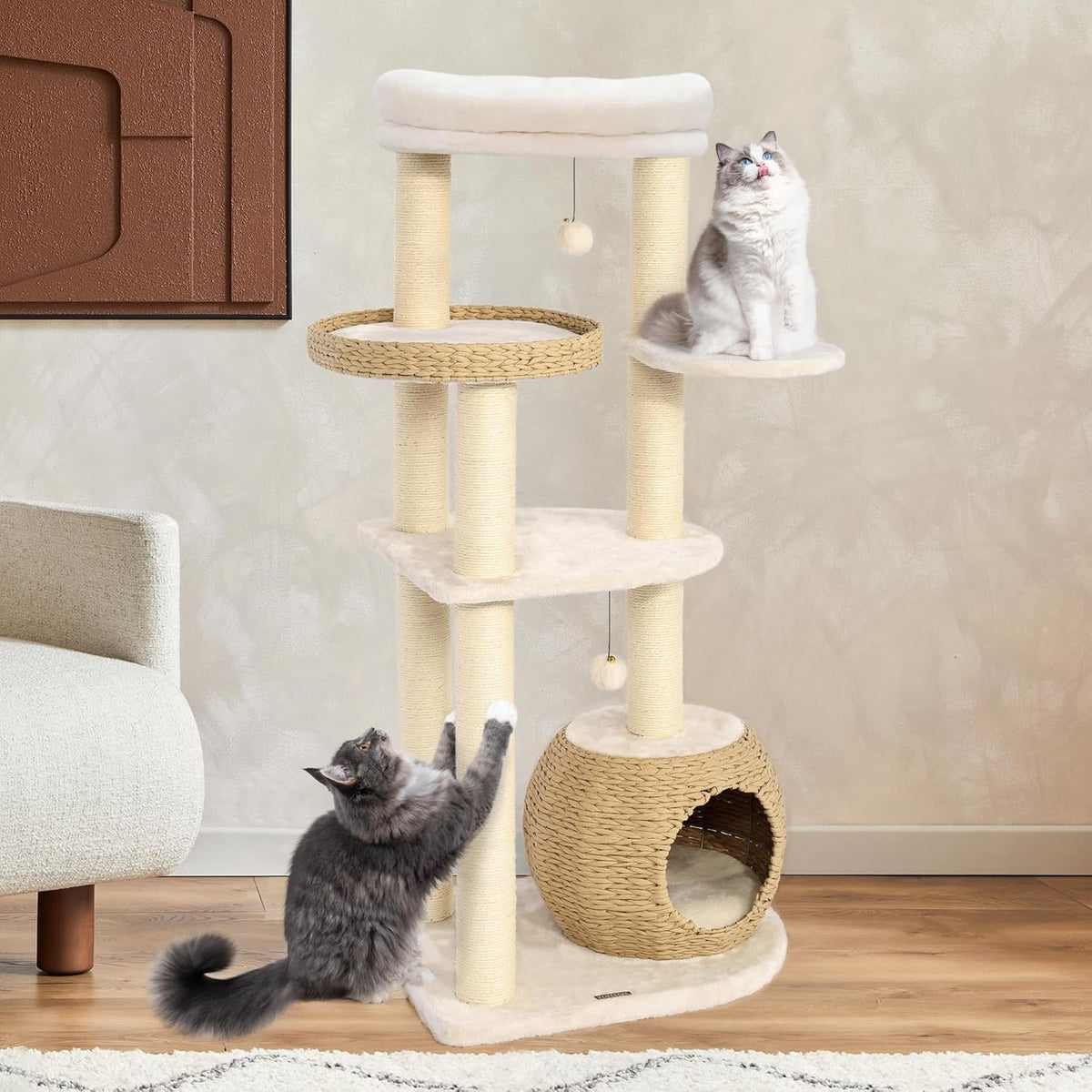 KAMABOKO Modern Cat Tree, 53" Tall Cat Trees for Indoor Cats, Cat Condo Natural Sisal with