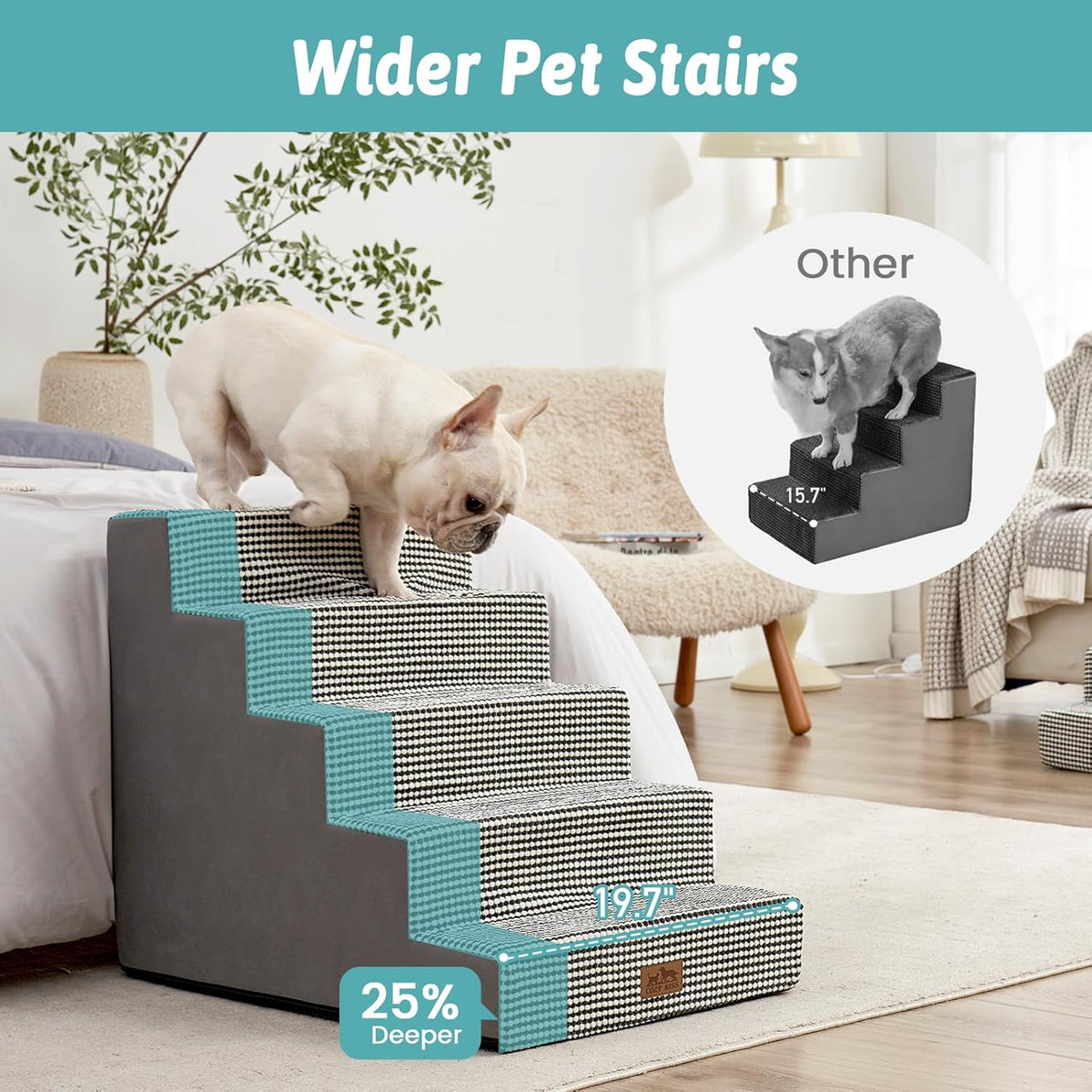 Dog Stairs for Small Dogs, 5 Tier Wider Pet Stairs for High Beds, 23.6" H Non-Slip Dog Steps for