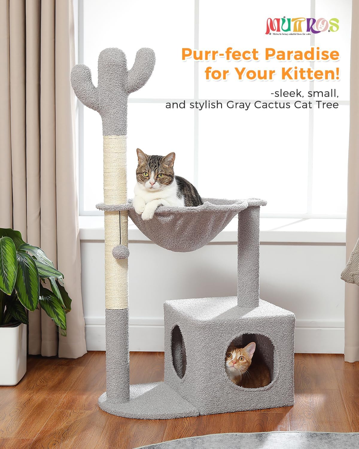 Cactus Cat Tree Cat Scratching Post 40" Cat Tower with Large Metal Carpet Hammock, Cat Scratching