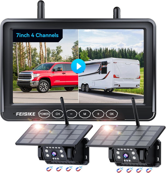 Dual Magnetic Solar Wireless Backup Camera for RV Truck Trailer ??7" 1080P Monitor with Recording