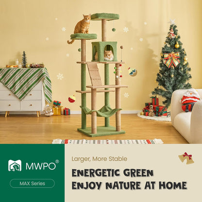 MWPO 70.1-Inch Green Large Cat Tree, Multi-Level Tall Cat Tower for Indoor Cats, Plush Cat Condo